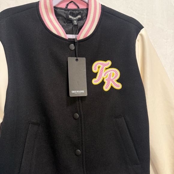 True Religion Jackets & Blazers - True Religion NWT Script Wool Horseshoe Varsity Jacket Black/Pink